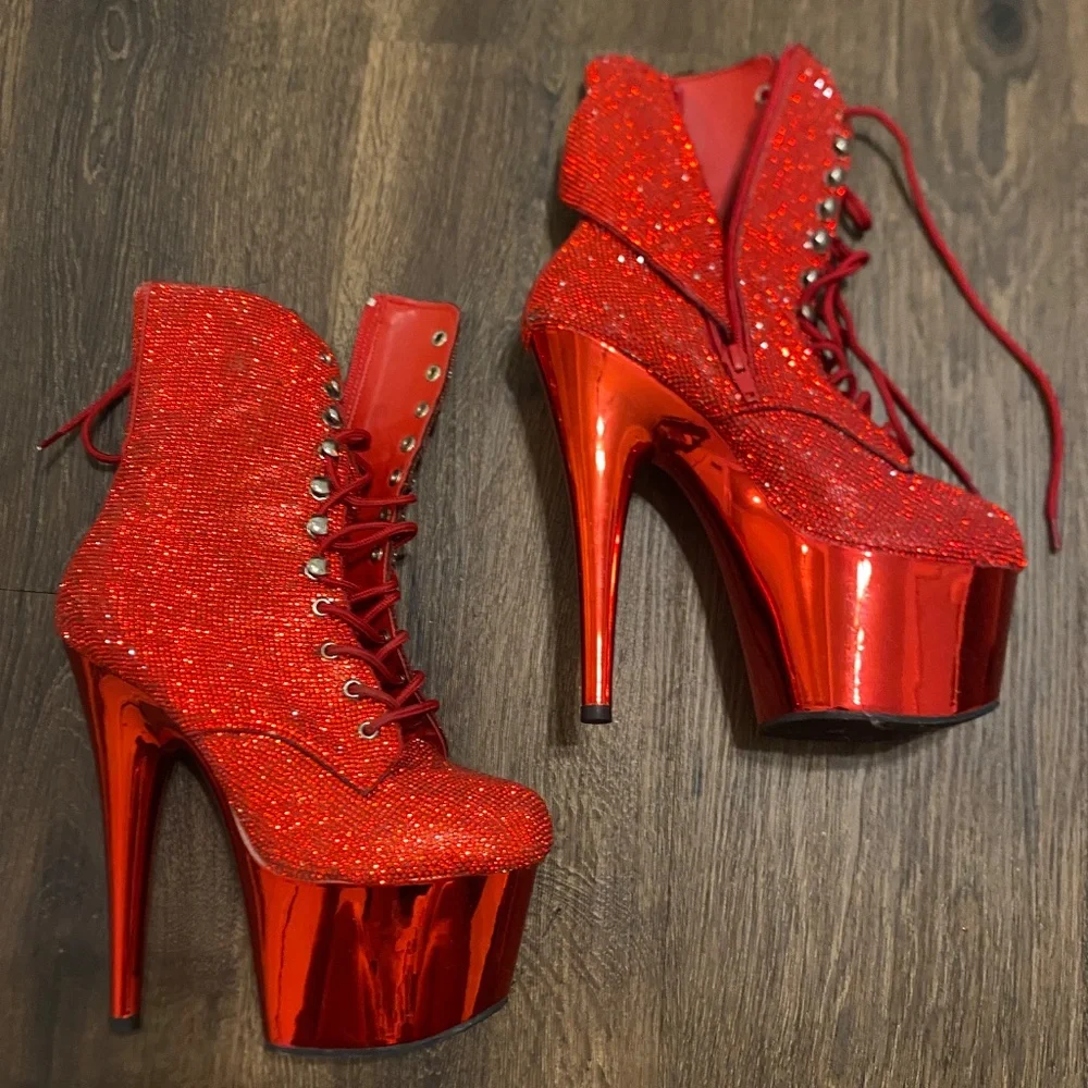 Pleaser Red Rhinestone Platform Boots - Picture 3 of 3